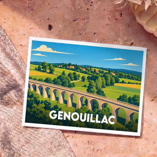 Carte postale souvenir de la ville de Genouillac illustrant son célèbre viaduc dans un style graphique épuré.