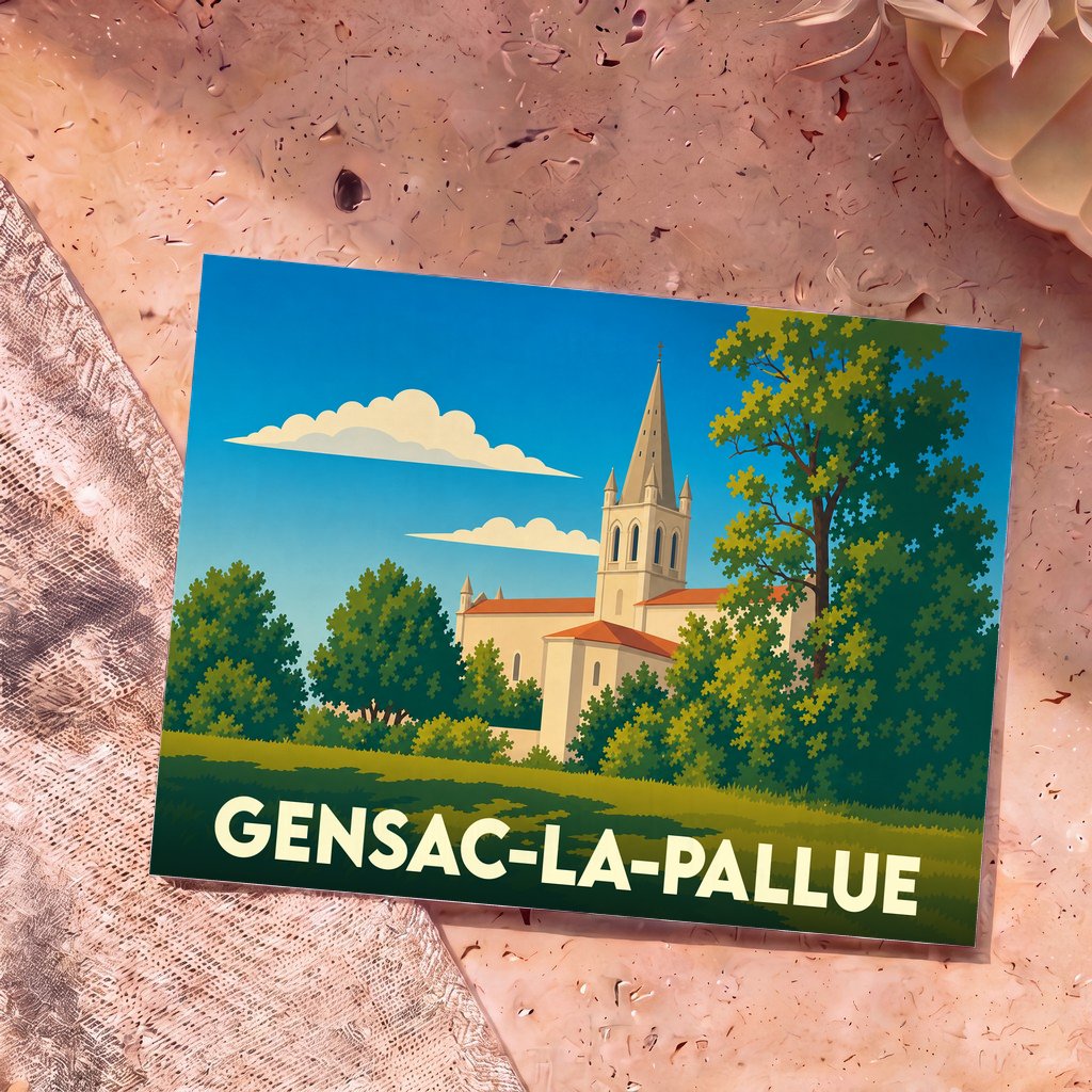 Carte postale souvenir de la ville de Gensac-la-Pallue avec une illustration stylisée de son église entourée de verdure.
