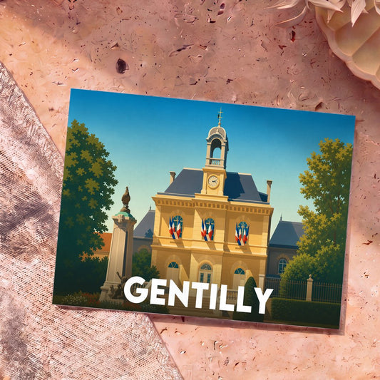 Carte postale souvenir de la ville de Gentilly avec une illustration stylisée de son hôtel de ville.