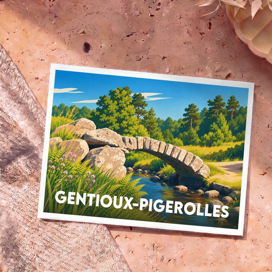 Carte postale souvenir de la ville de Gentioux-Pigerolles avec une illustration stylisée d'un pont en pierre enjambant une rivière.