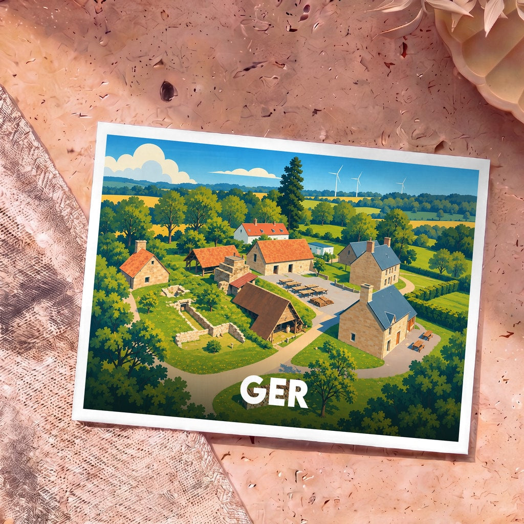 Carte postale souvenir de la ville de Ger avec une illustration stylisée de son village potier.
