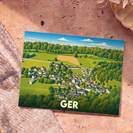 Carte postale souvenir de la ville de Ger présentant une vue aérienne illustrée et verdoyante du village.
