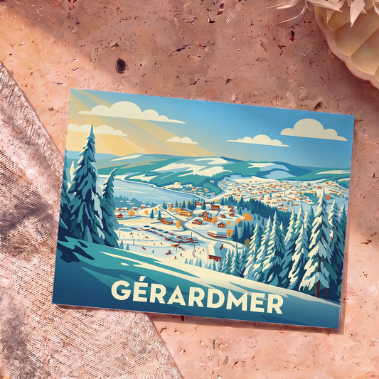 Carte postale souvenir de la ville de Gérardmer avec une illustration stylisée d'un paysage de montagne enneigé.