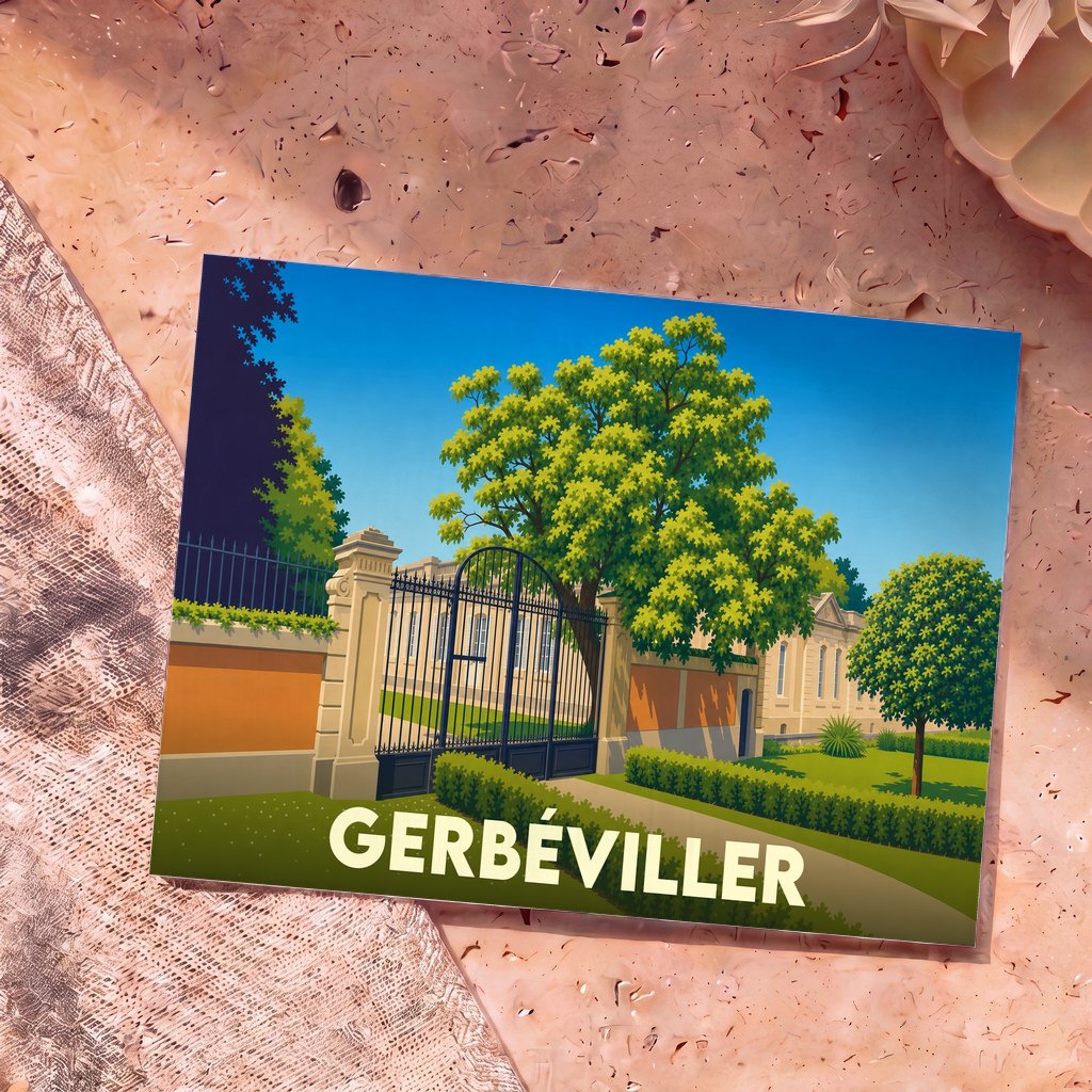 Carte postale souvenir de la ville de Gerbéviller avec une illustration stylisée de son château et de ses jardins.
