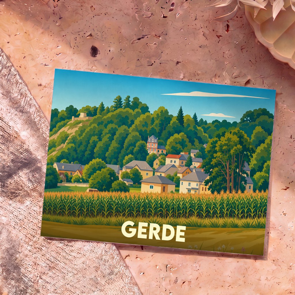 Carte postale souvenir de la ville de Gerde avec une illustration stylisée montrant le village niché au pied d'une colline boisée.