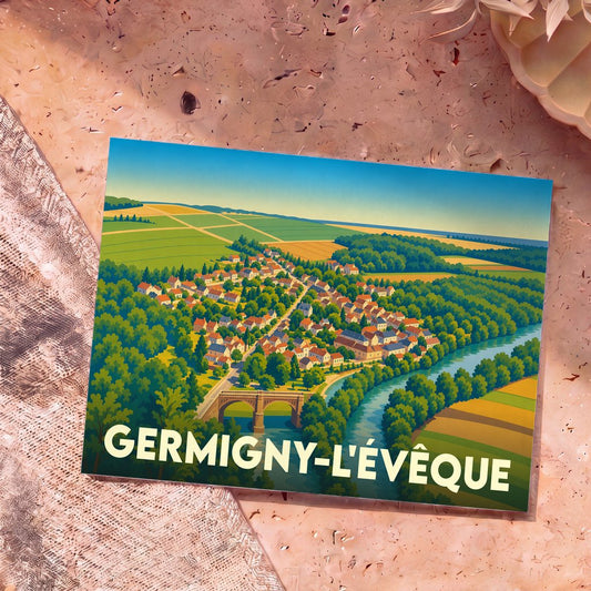 Carte postale souvenir de la ville de Germigny-l'Évêque avec une illustration stylisée d'un paysage de campagne.