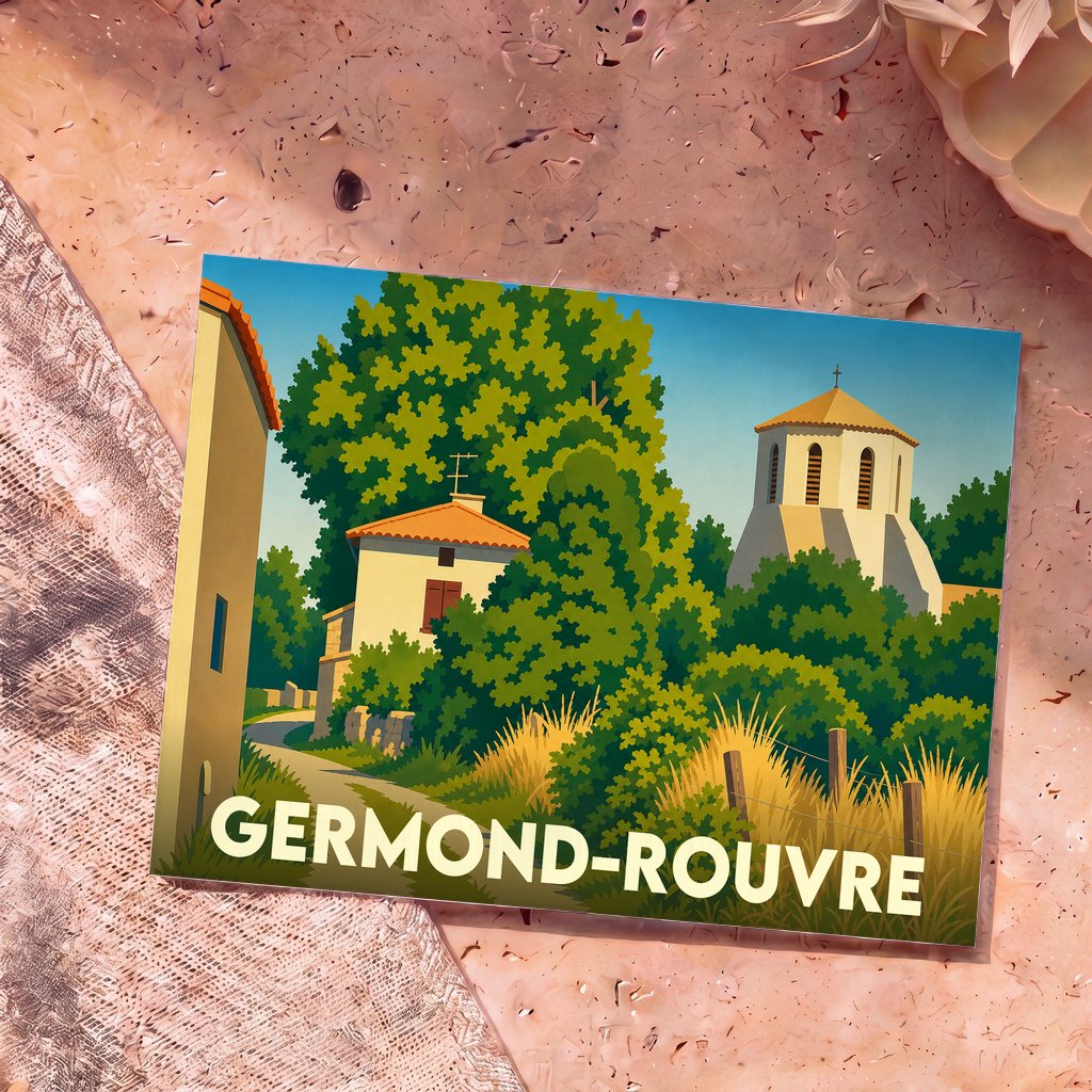 Carte postale souvenir de la ville de Germond-Rouvre avec une illustration stylisée et colorée.