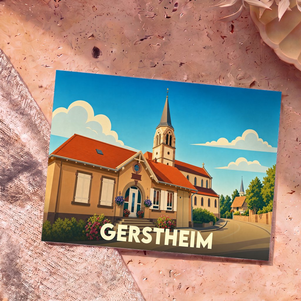 Carte postale souvenir de la ville de Gerstheim avec une illustration stylisée d'un bâtiment typique et de son église.