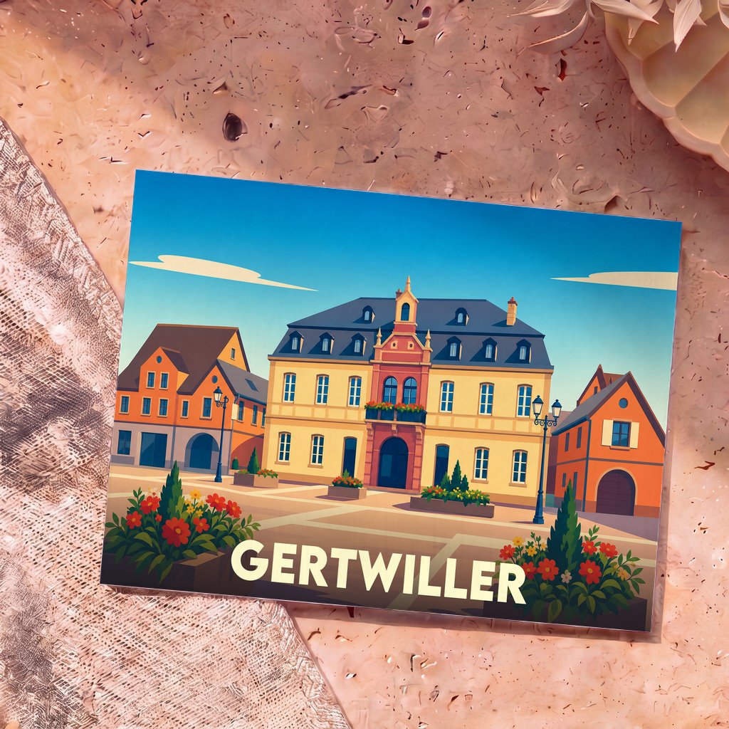 Carte postale souvenir de la ville de Gertwiller avec une illustration stylisée et colorée de sa place centrale.
