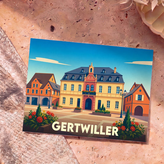 Carte postale souvenir de la ville de Gertwiller avec une illustration stylisée et colorée de sa place centrale.