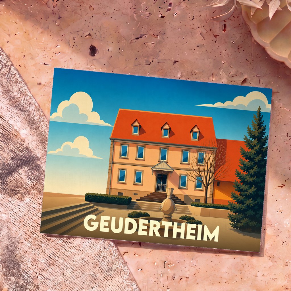 Carte postale souvenir de la ville de Geudertheim avec une illustration stylisée d'une maison à toit rouge devant une fontaine.