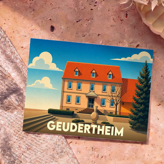 Carte postale souvenir de la ville de Geudertheim avec une illustration stylisée d'une maison à toit rouge devant une fontaine.