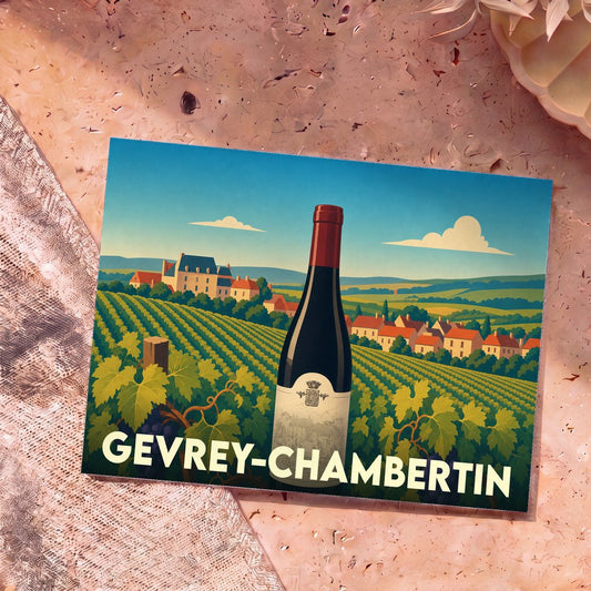 Carte postale souvenir de la ville de Gevrey-Chambertin illustrant une bouteille de vin devant un vignoble.