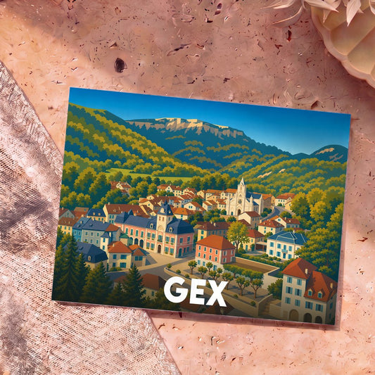 Carte postale souvenir de la ville de Gex avec une illustration stylisée et colorée.