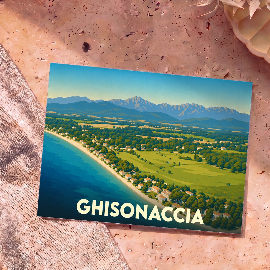 Carte postale souvenir de la ville de Ghisonaccia avec une illustration stylisée de son littoral et des montagnes.