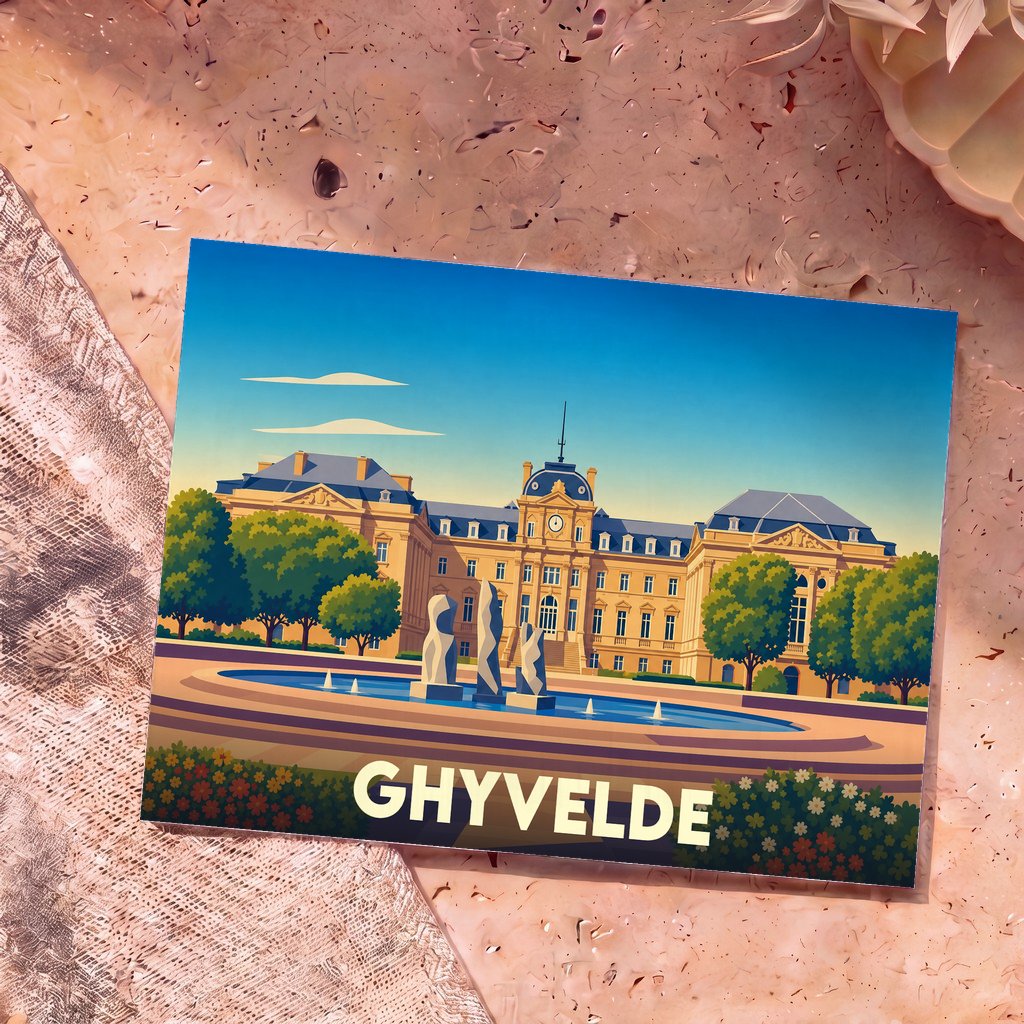 Carte postale souvenir de la ville de Ghyvelde avec une illustration stylisée d'un palais et de sa fontaine.