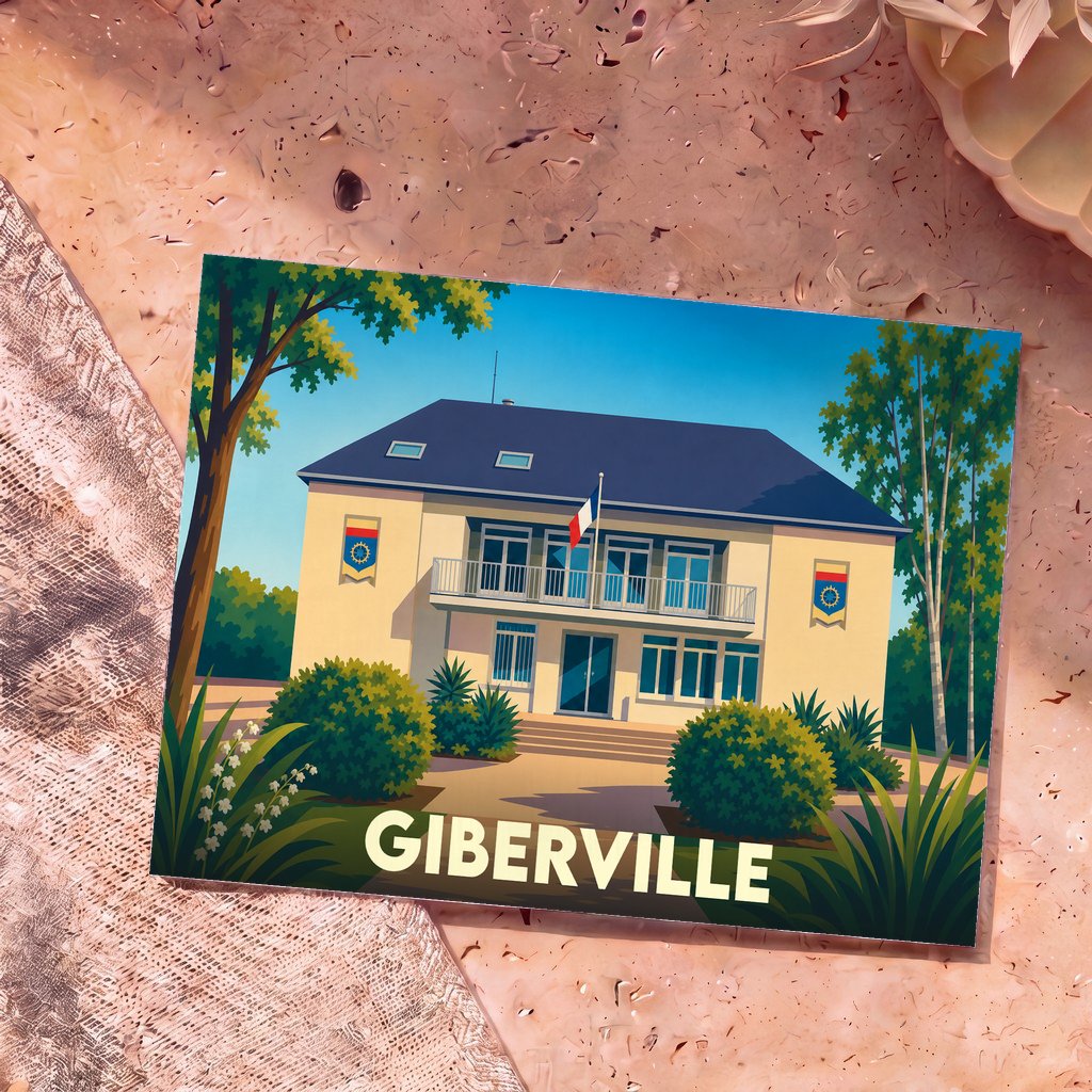 Carte postale souvenir de la ville de Giberville illustrant l'Hôtel de Ville avec un style graphique épuré.