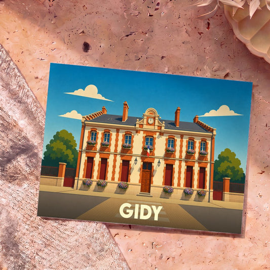 Carte postale souvenir de la ville de Gidy avec une illustration stylisée de sa mairie.