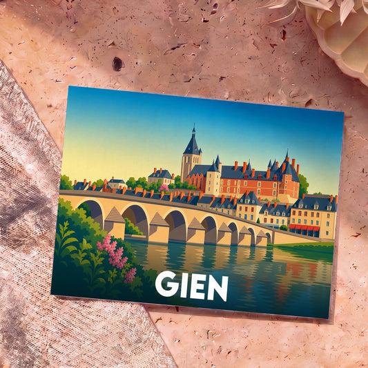 Carte postale souvenir de la ville de Gien avec une illustration stylisée représentant son château et son pont sur la Loire.