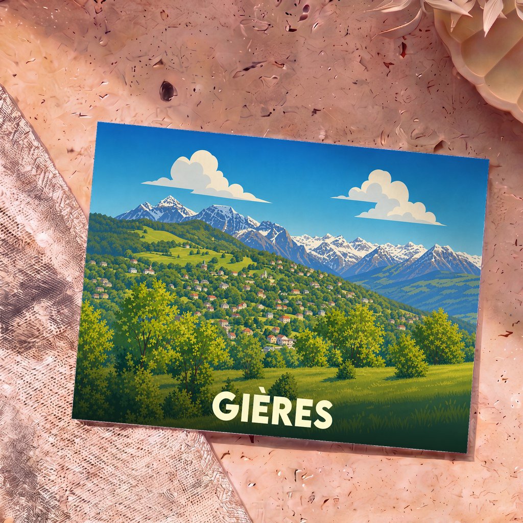 Carte postale souvenir de la ville de Gières avec une illustration stylisée de paysages montagneux.