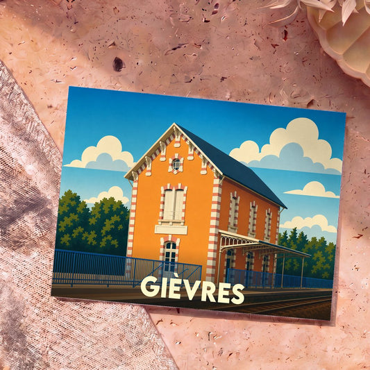 Carte postale souvenir de la ville de Gièvres illustrant sa gare dans un style graphique épuré et coloré.