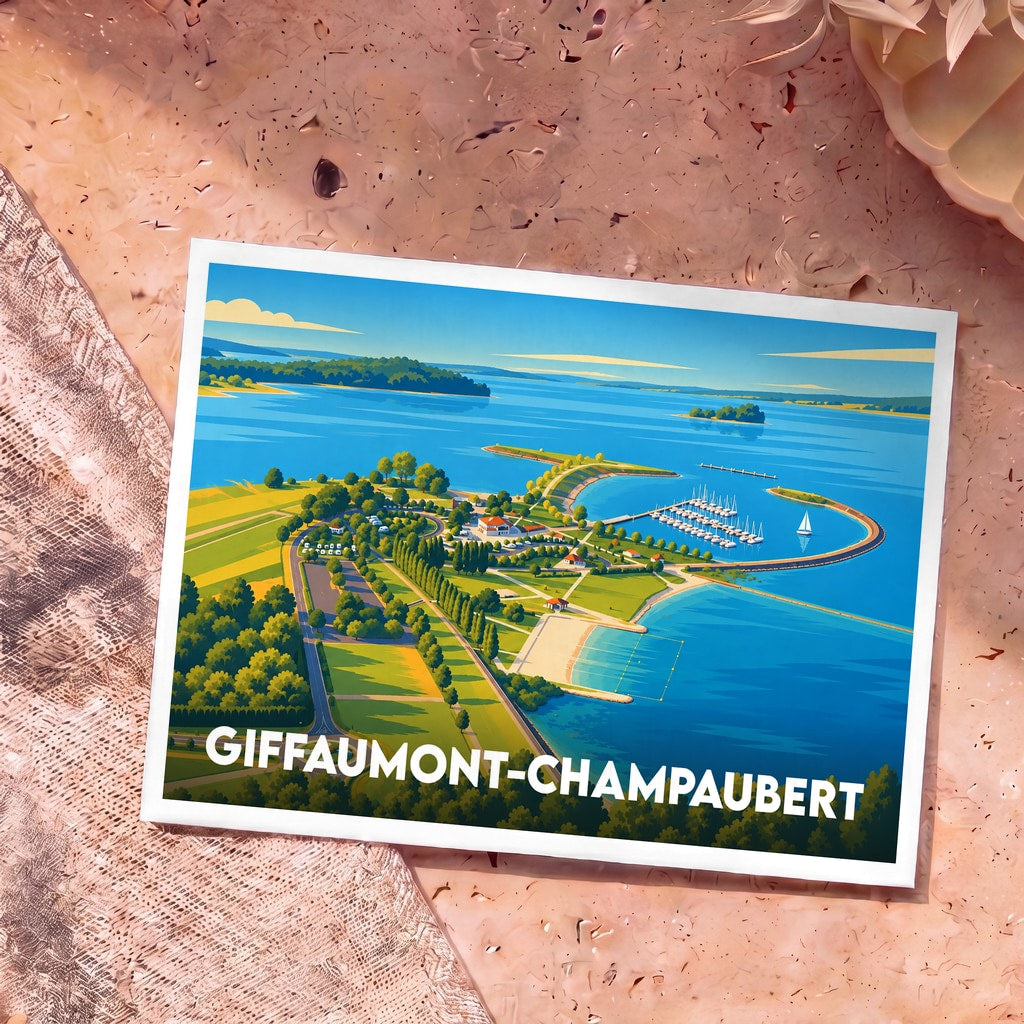 Carte postale souvenir de Giffaumont-Champaubert illustrant une vue aérienne stylisée du lac du Der.