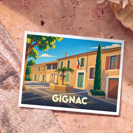Carte postale souvenir de la ville de Gignac avec une illustration stylisée d'une place ensoleillée.