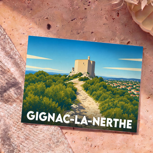 Carte postale souvenir de la ville de Gignac-la-Nerthe avec une illustration stylisée de son patrimoine niché dans la garrigue.