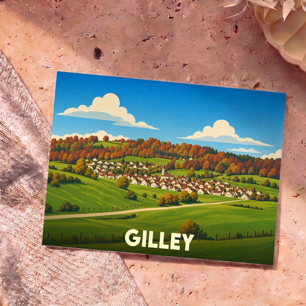 Carte postale souvenir de la ville de Gilley avec une illustration stylisée de son paysage vallonné.