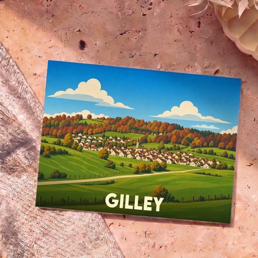 Carte postale souvenir de la ville de Gilley avec une illustration stylisée de son paysage vallonné.