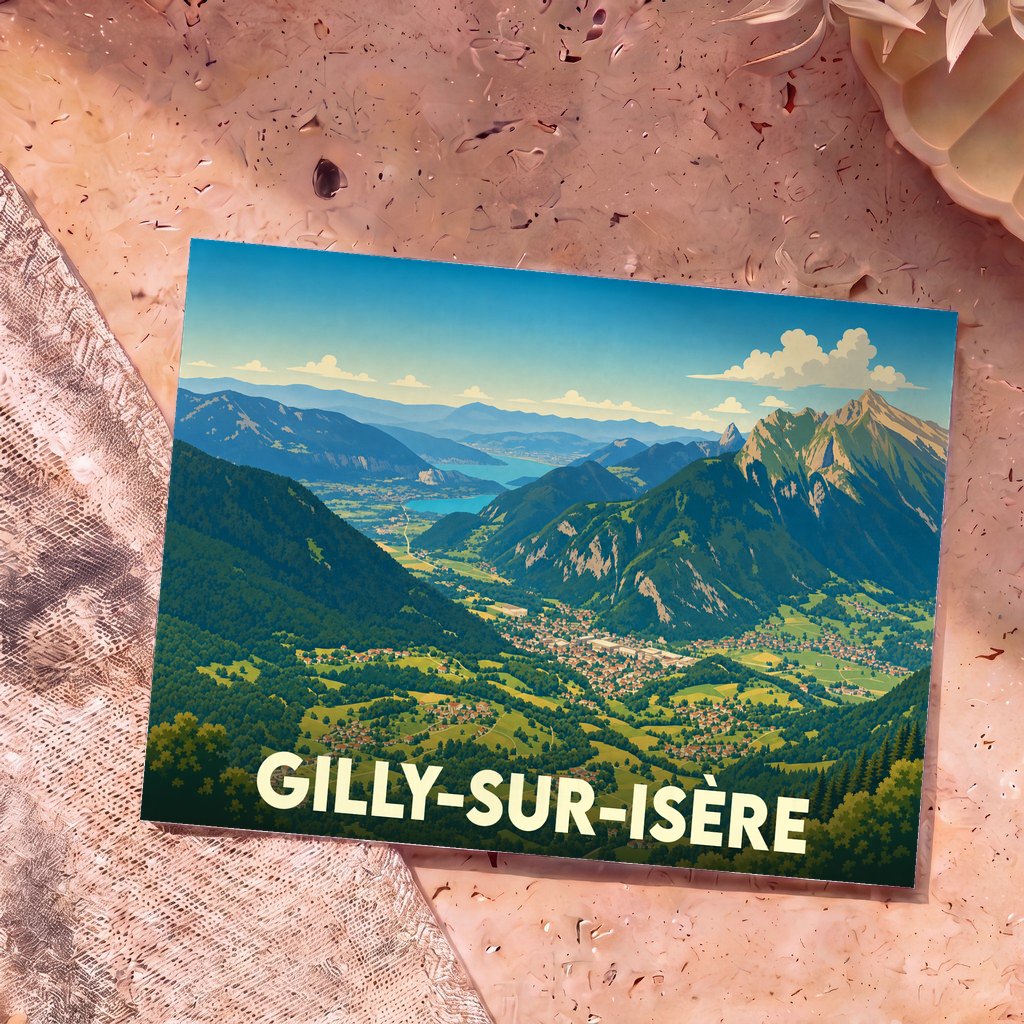 Carte postale souvenir de Gilly-sur-Isère avec une illustration stylisée d'un paysage montagneux.