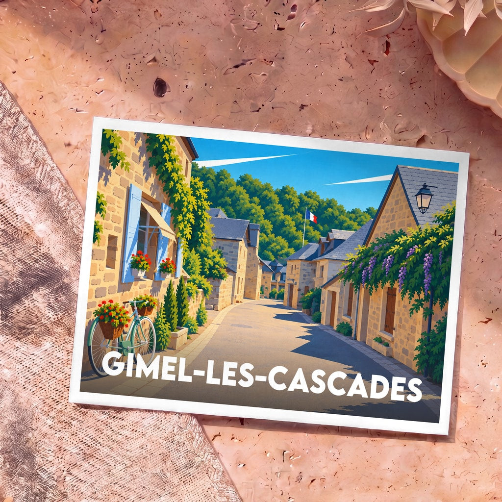 Carte postale souvenir de la ville de Gimel-les-Cascades illustrant une ruelle pittoresque aux façades en pierre.