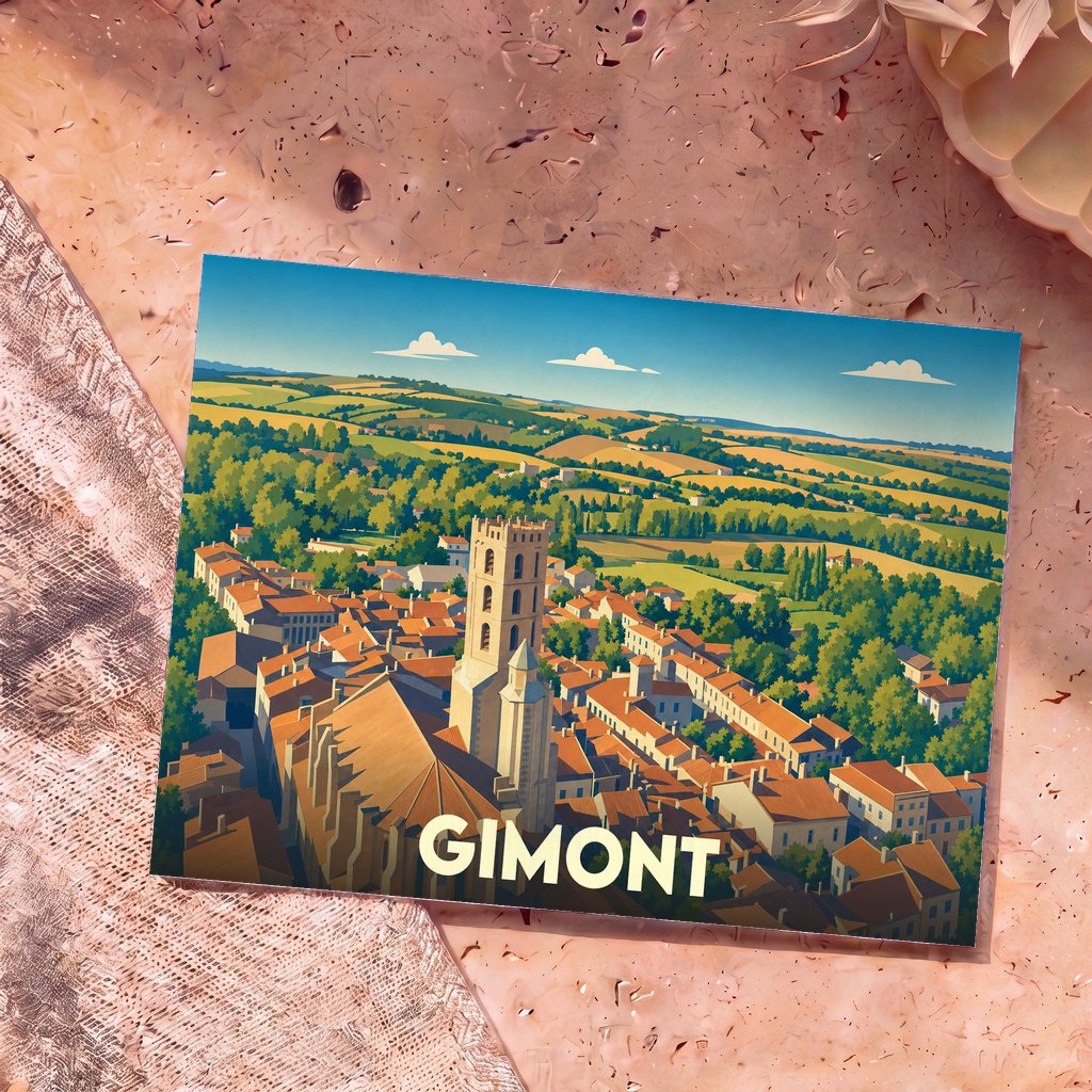 Carte postale souvenir de la ville de Gimont avec une illustration stylisée montrant l'église et les paysages vallonnés du Gers.