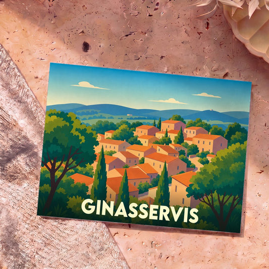 Carte postale souvenir de la ville de Ginasservis avec une illustration stylisée d'un village provençal.
