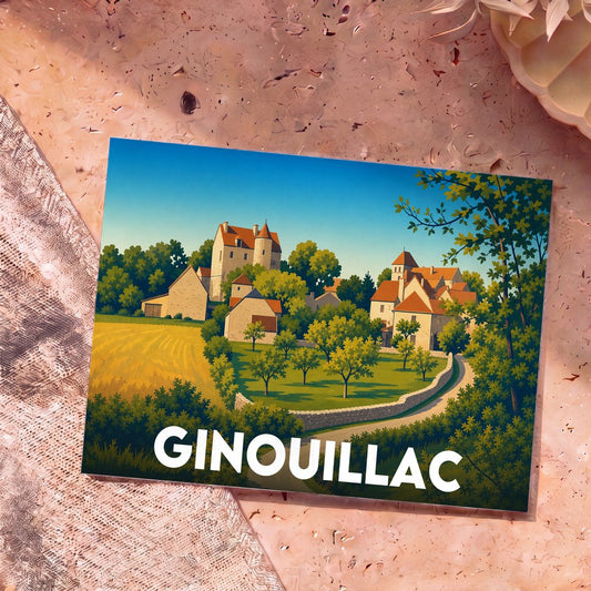 Carte postale souvenir de la ville de Ginouillac avec une illustration stylisée d'un village pittoresque.