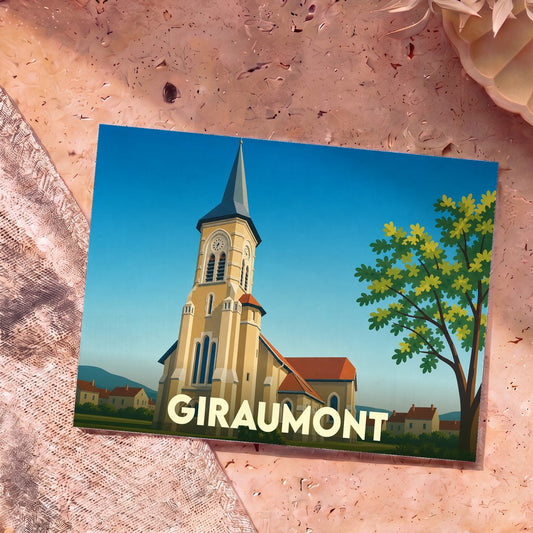 Carte postale souvenir de la ville de Giraumont présentant une illustration stylisée de son église.