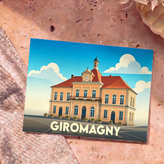 Carte postale souvenir de la ville de Giromagny avec une illustration stylisée de son hôtel de ville.