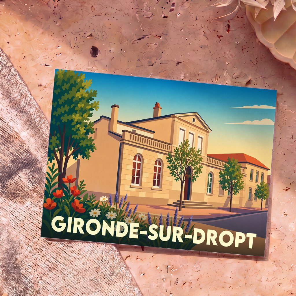 Carte postale souvenir de la ville de Gironde-sur-Dropt avec une illustration stylisée de sa mairie.