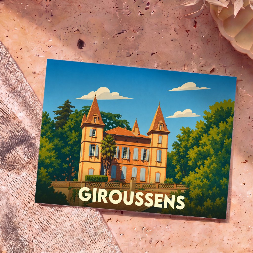 Carte postale souvenir de la ville de Giroussens avec une illustration stylisée d'un château ensoleillé entouré de verdure.