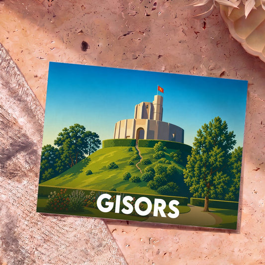 Carte postale souvenir de la ville de Gisors avec une illustration stylisée de son château sur une colline verdoyante.