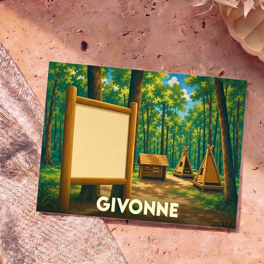 Carte postale souvenir de la ville de Givonne avec une illustration stylisée d'une forêt et de cabanes en bois.
