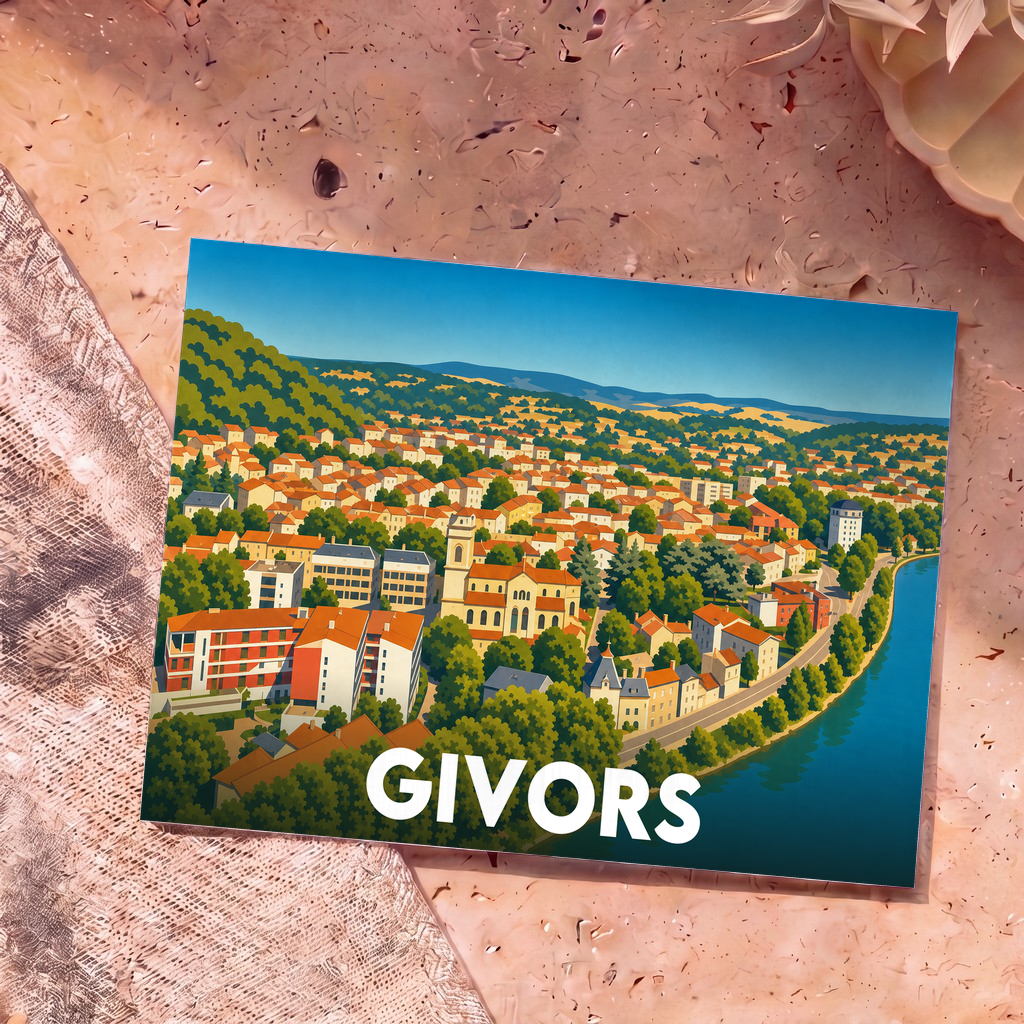 Carte postale souvenir de la ville de Givors illustrant un paysage urbain coloré en bord de rivière.