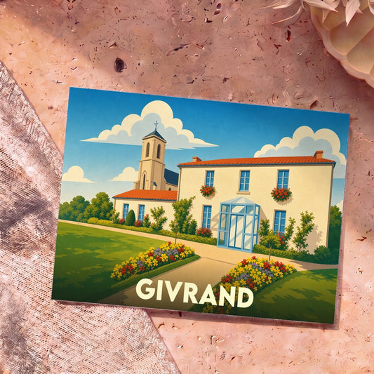 Carte postale souvenir de la ville de Givrand avec une illustration stylisée de sa mairie et de son église.