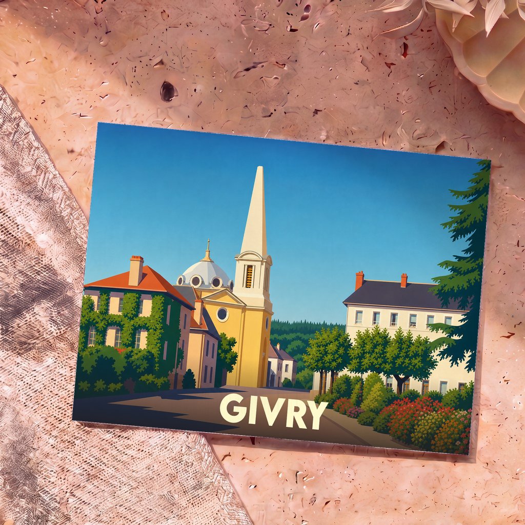 Carte postale souvenir de la ville de Givry avec une illustration stylisée et colorée de son architecture.
