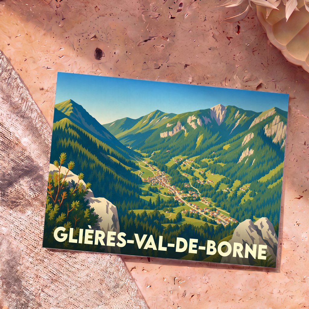 Carte postale souvenir de Glières-Val-de-Borne illustrant un village niché dans une vallée montagneuse verdoyante.