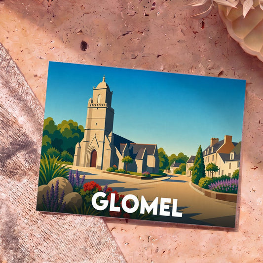 Carte postale souvenir de la ville de Glomel présentant une illustration stylisée de son église et de ses maisons fleuries.