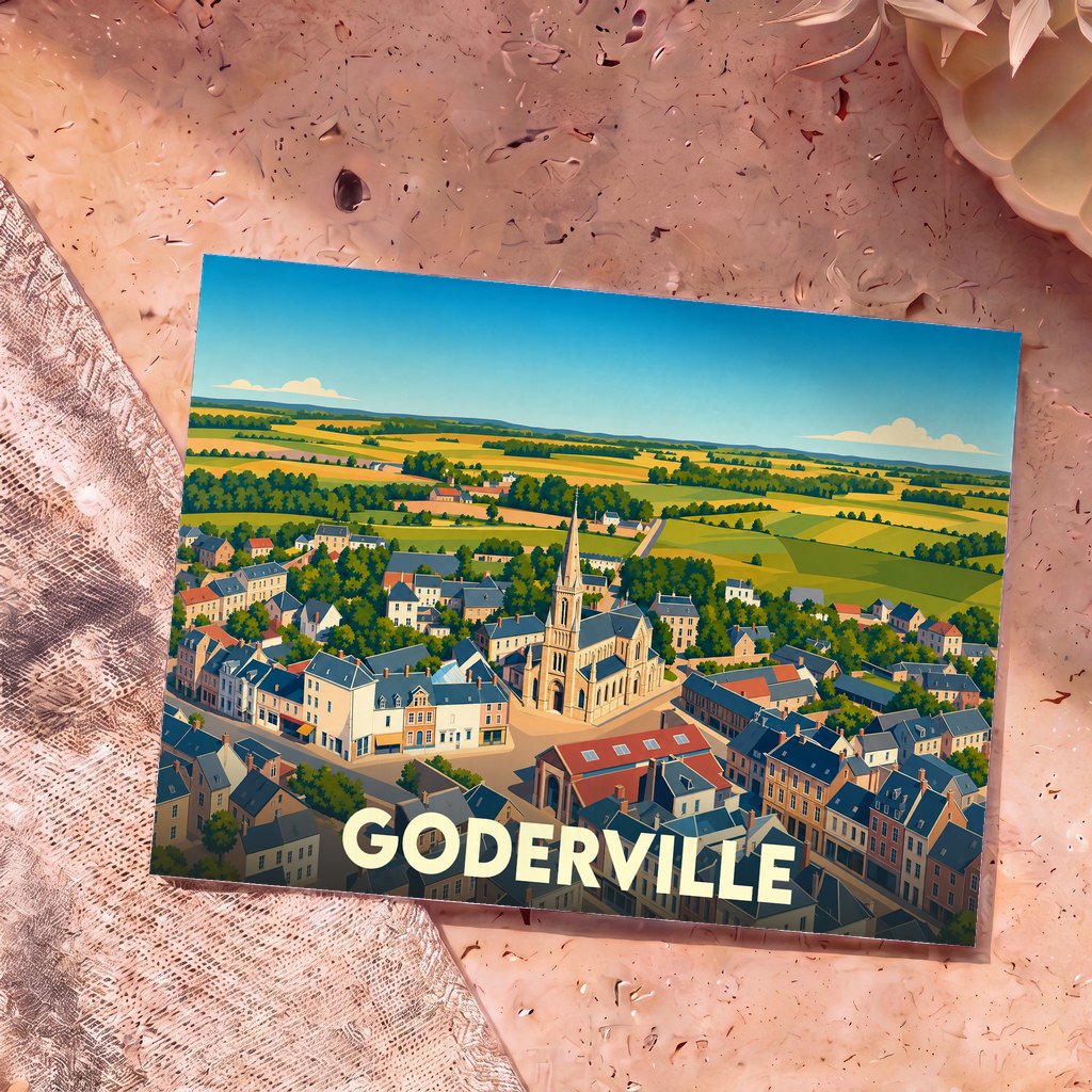 Carte postale souvenir de la ville de Goderville présentant une illustration stylisée et colorée du village vu du ciel.