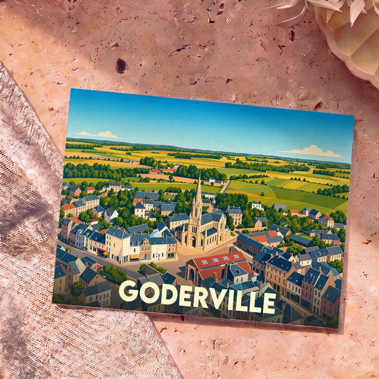 Carte postale souvenir de la ville de Goderville présentant une illustration stylisée et colorée du village vu du ciel.
