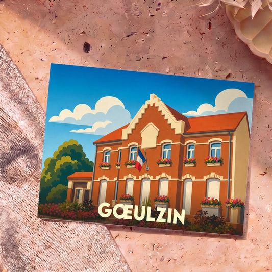 Carte postale souvenir de la ville de Gœulzin illustrant sa mairie dans un style graphique épuré.