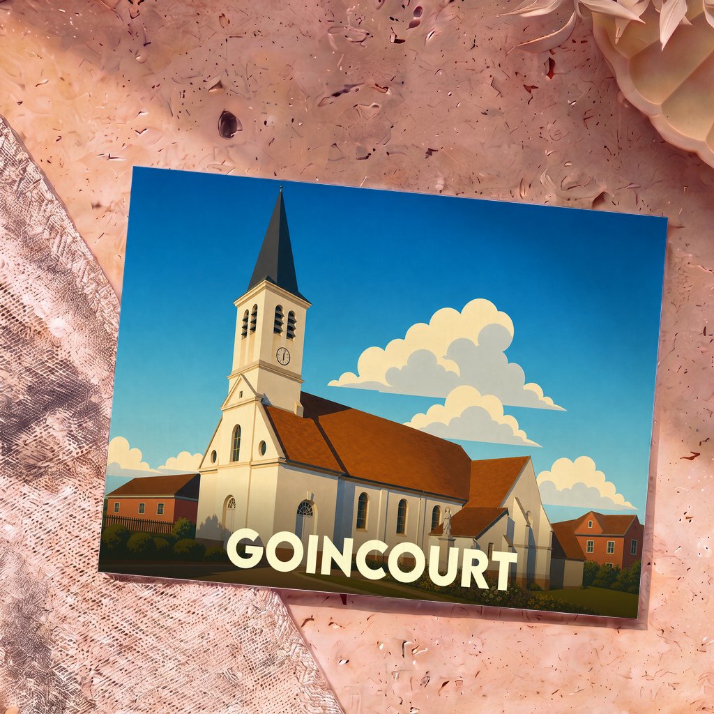Carte postale souvenir de la ville de Goincourt avec une illustration stylisée de son église.